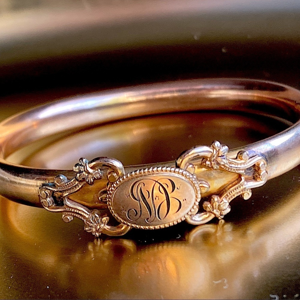 Antique Victorian JMF & Co gold filled monogrammed hinges bangle